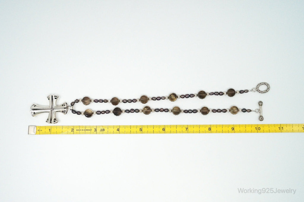 Designer Large Cross Smoky Topaz Pearl Sterling Silver Necklace | Jewelry > Necklaces > Pendants | Wiccan Center