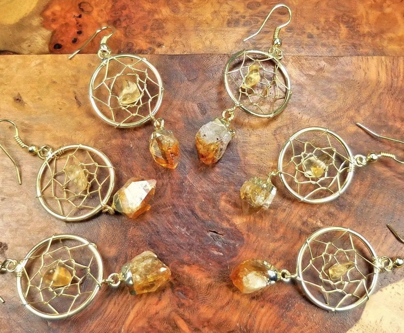 DreamCatcher Earrings Pair (Citrine Crystal)(Gold Plated)(Stainless Steel Hooks) Gemstone Jewelry Supply | Jewelry > Earrings > Dangle & Drop Earrings | Wiccan Center