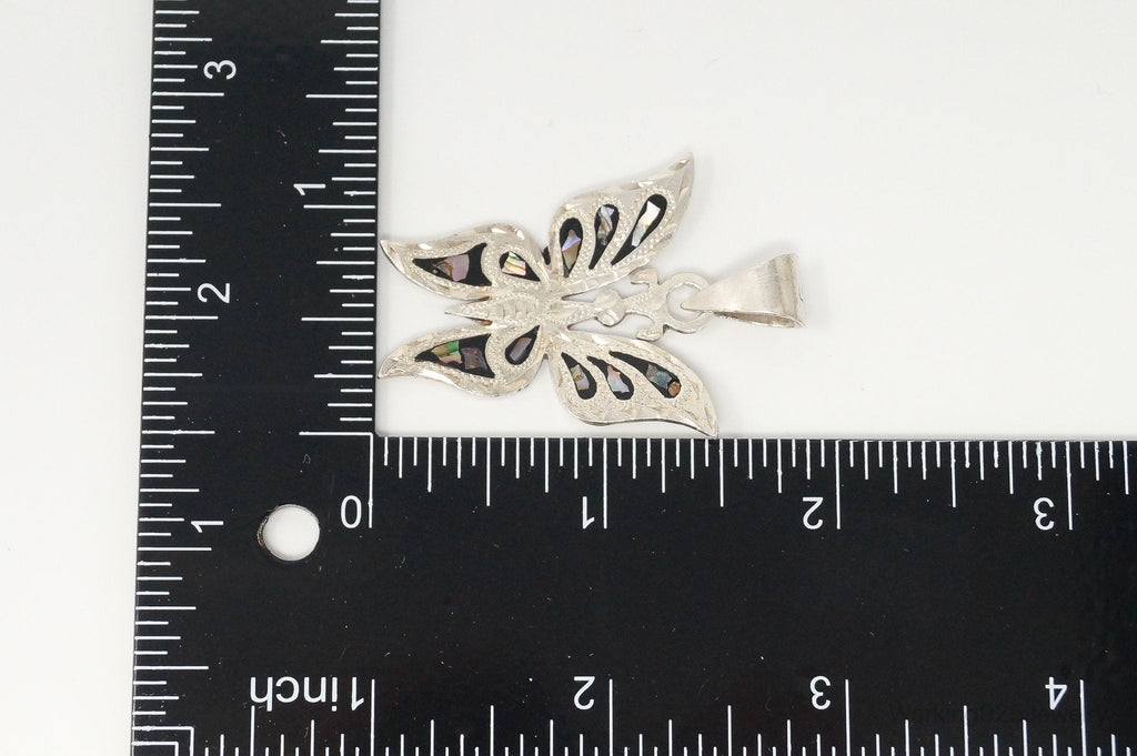 Large Vintage Mexico CC80 Abalone Etched Butterfly Sterling Silver Pendant | Jewelry > Necklaces > Pendants | Wiccan Center