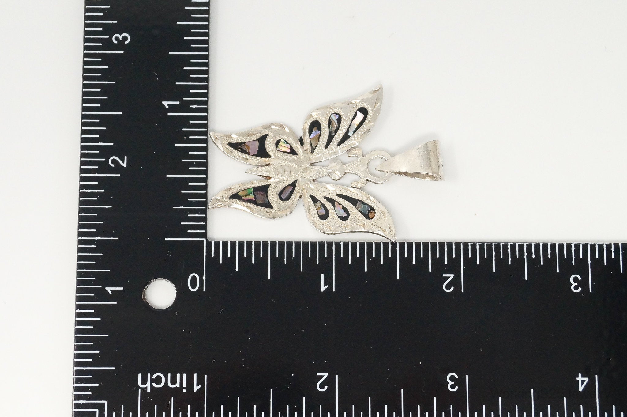 Large Vintage Mexico CC80 Abalone Etched Butterfly Sterling Silver Pendant | Jewelry > Necklaces > Pendants | Wiccan Center