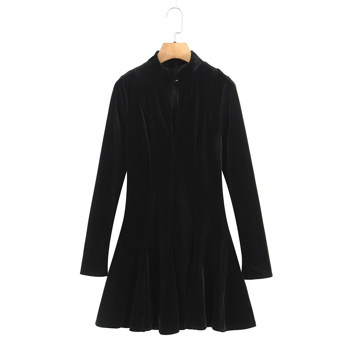Women Clothing Velvet Stand up Collar Slim Fit A line Black Dress Minimalist Long Sleeve Comfortable Mini Dress | | Wiccan Center