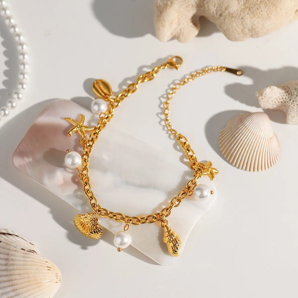 Ocean Theme Stainless Steel Chain Bracelet with Seashell and Starfish Pendants | | Wiccan Center