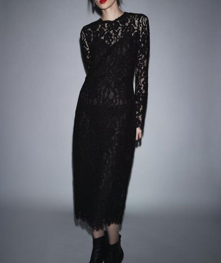 Autumn Women Clothing Fashionable Simple Black Lace Transparent Long Sleeve Dress | | Wiccan Center
