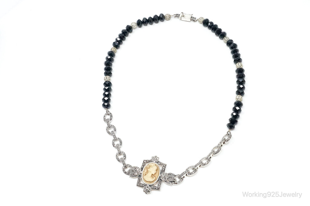 VTG Carved Cameo Shell Black Onyx Marcasite Sterling Silver Necklace | Jewelry > Necklaces > Pendants | Wiccan Center