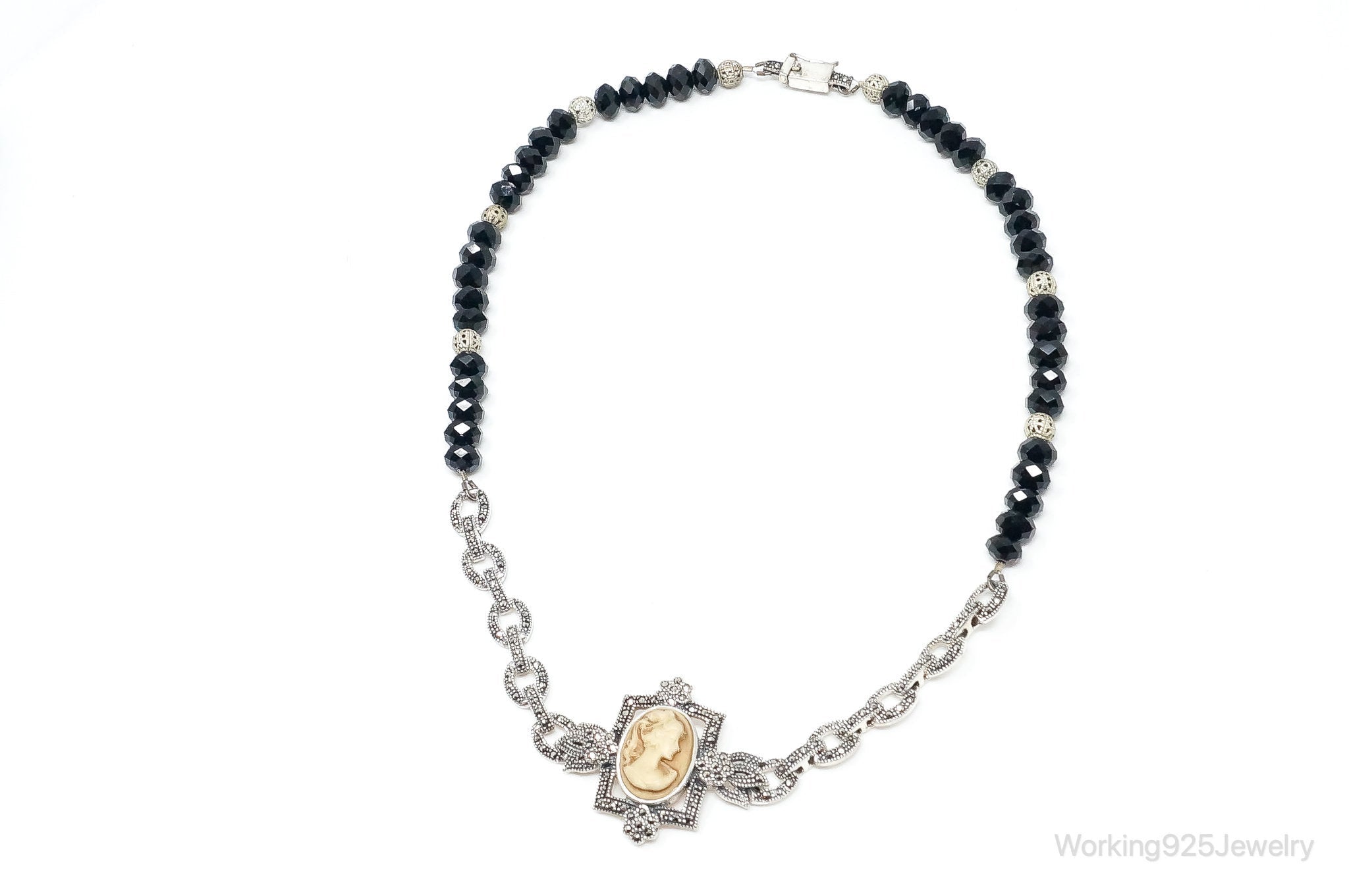 VTG Carved Cameo Shell Black Onyx Marcasite Sterling Silver Necklace | Jewelry > Necklaces > Pendants | Wiccan Center
