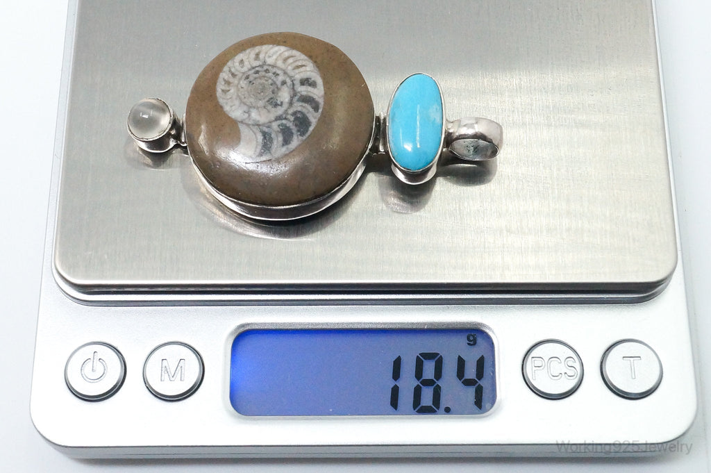 Vintage Large Fossil Shell Turquoise Gray Moonstone Sterling Silver Pendant | Jewelry > Necklaces > Pendants | Wiccan Center
