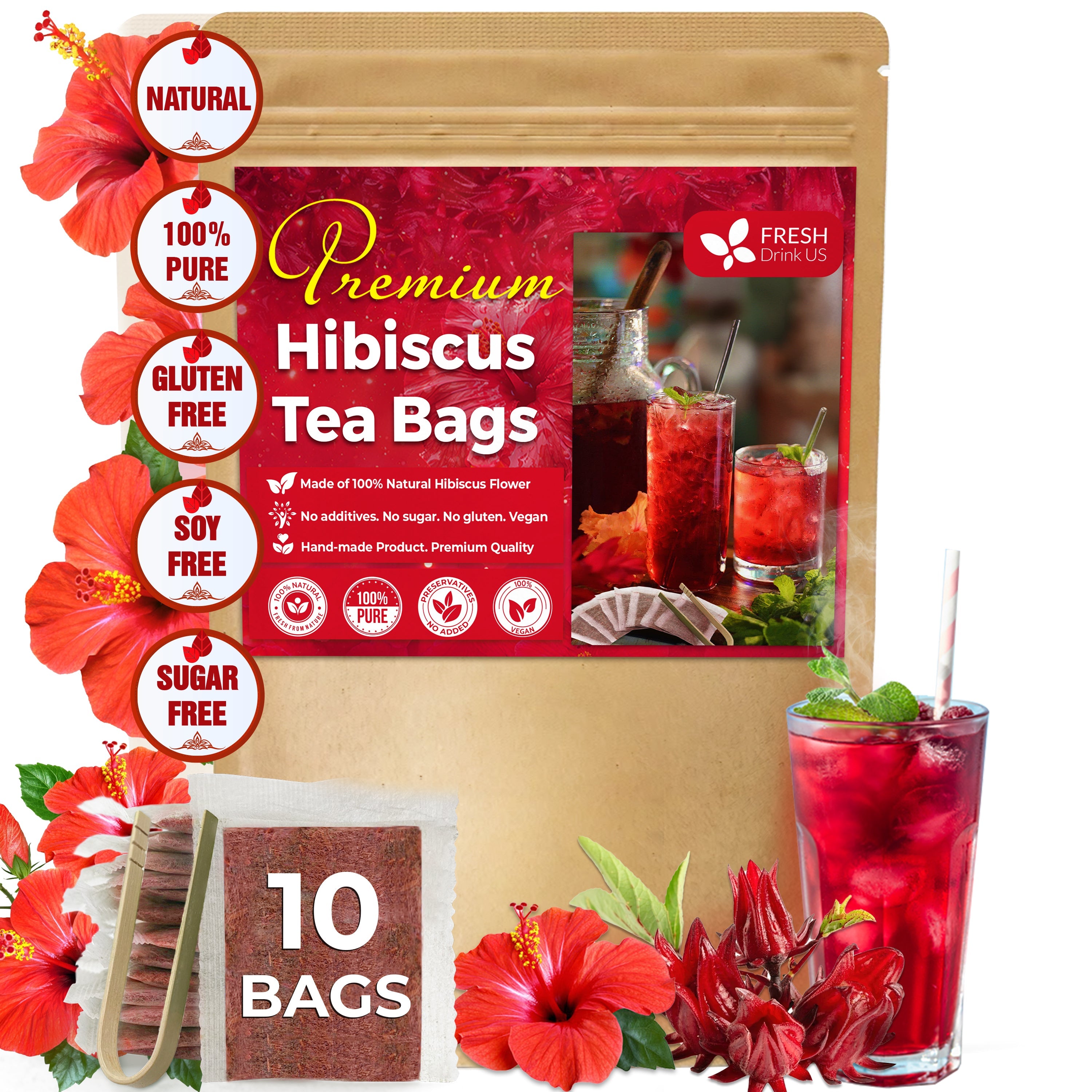 Hibiscus Dried Flowers, Tea Bags, 100% Natural, Pure from Hibiscus Flowers. Loose Flower Hibiscus Herbal Tea. Hibiscus Flower Tea. No Sugar, No Caffeine, No Gluten, Vegan. | Tea | Wiccan Center