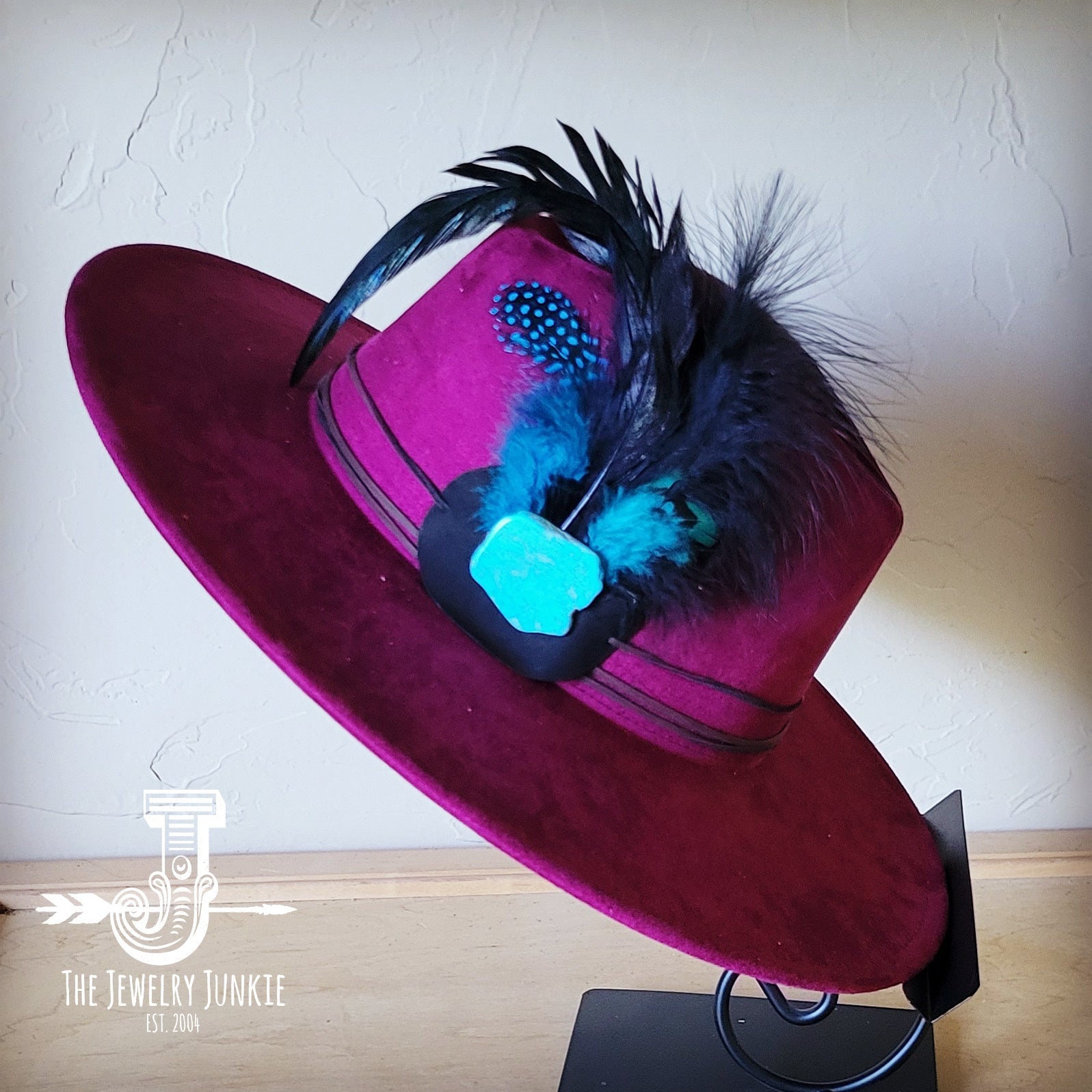 Marabou Blue Spotted Feather & Turquoise Slab Hat Band + Choice of Hat 986a | Hat | Wiccan Center