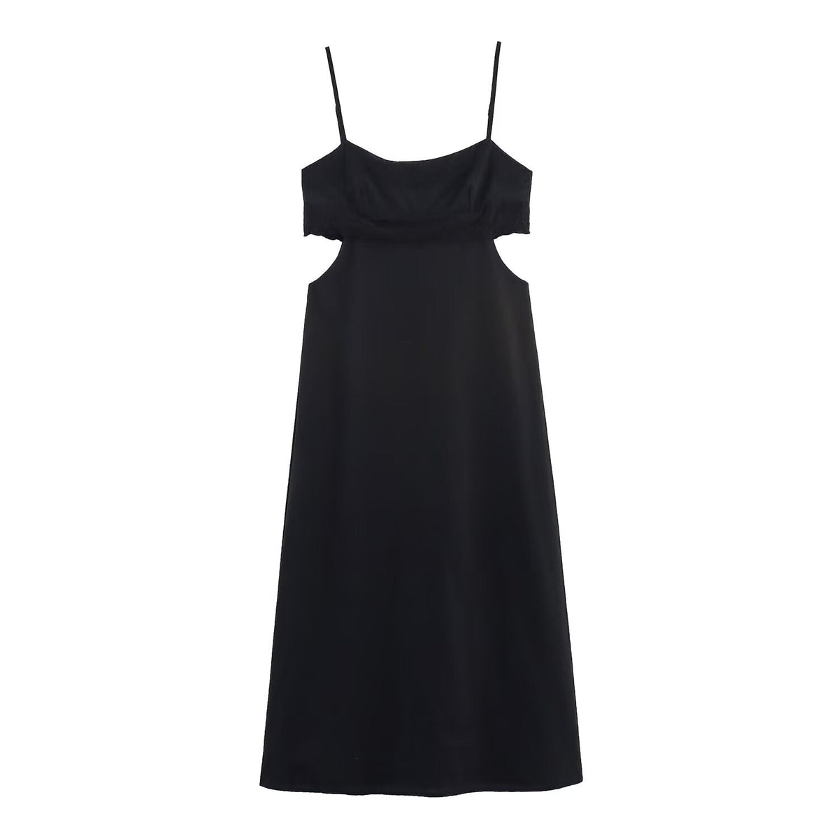 Elegant Black Slim Fit Slimming Lace Stitching Side Waist Split Sling Dress