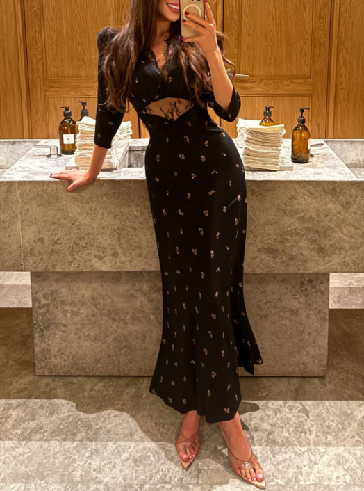 Spring Summer Floral Print Black Lace Stitching Dress | | Wiccan Center