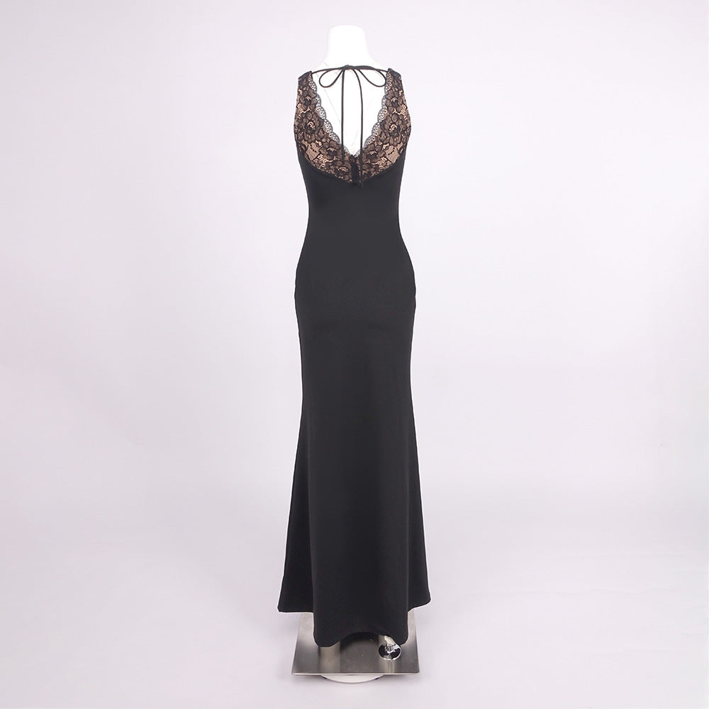 Black Lace V neck Suspender Fishtail Dress Slim Fit Draping Mop Long Evening Dress Women Clothing | Dresses | Wiccan Center
