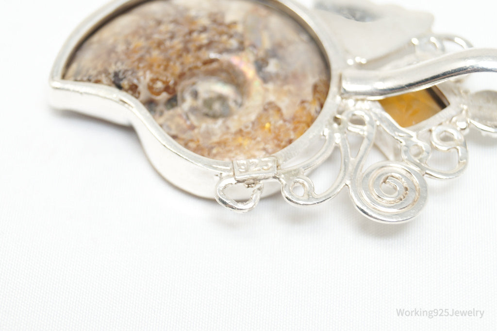 Vintage Large Ammonite Fossil Shell Citrine Sterling Silver Necklace Pendant | Jewelry > Necklaces > Pendants | Wiccan Center