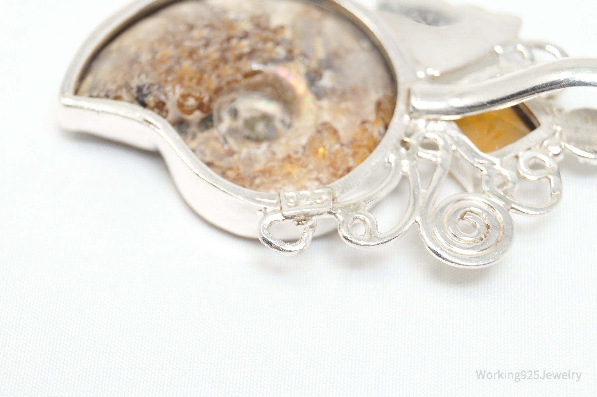 Vintage Large Ammonite Fossil Shell Citrine Sterling Silver Necklace Pendant | Jewelry > Necklaces > Pendants | Wiccan Center