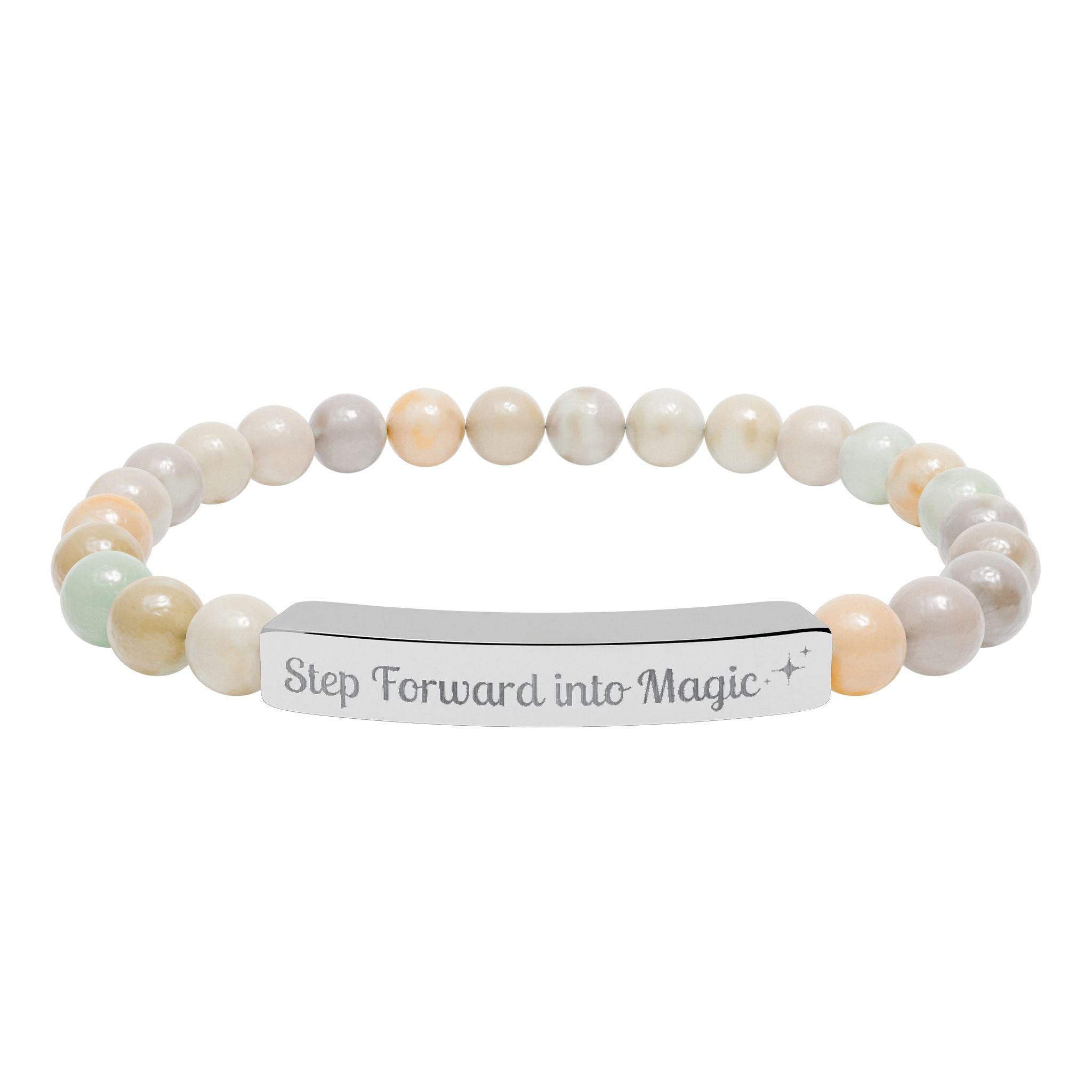 Engraved Natural Stone Stretch Bar Bracelet — "Step Forward into Magic" Motivational Beaded Bracelet | Accessories | Wiccan Center