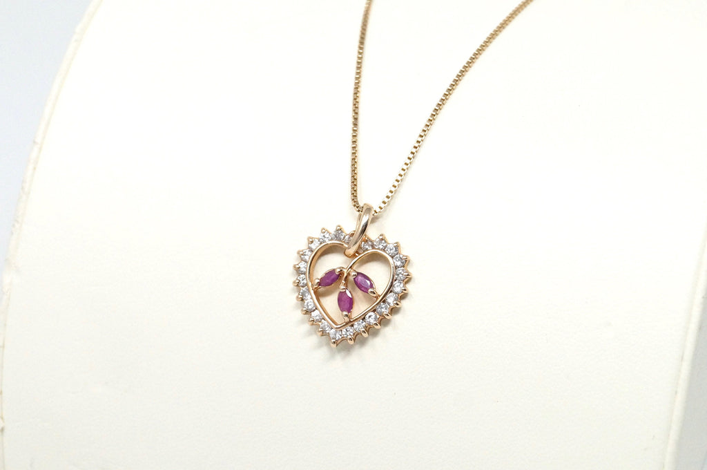 Vtg Ruby Simulated Heart Accented Rose Gold Vermeil Sterling Silver Necklace 18" | Jewelry > Necklaces > Pendants | Wiccan Center