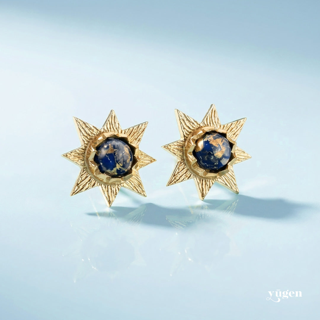 Dark Before the Dawn Sunburst Stud Earrings with Copper Lapis Lazuli | Earrings | Wiccan Center