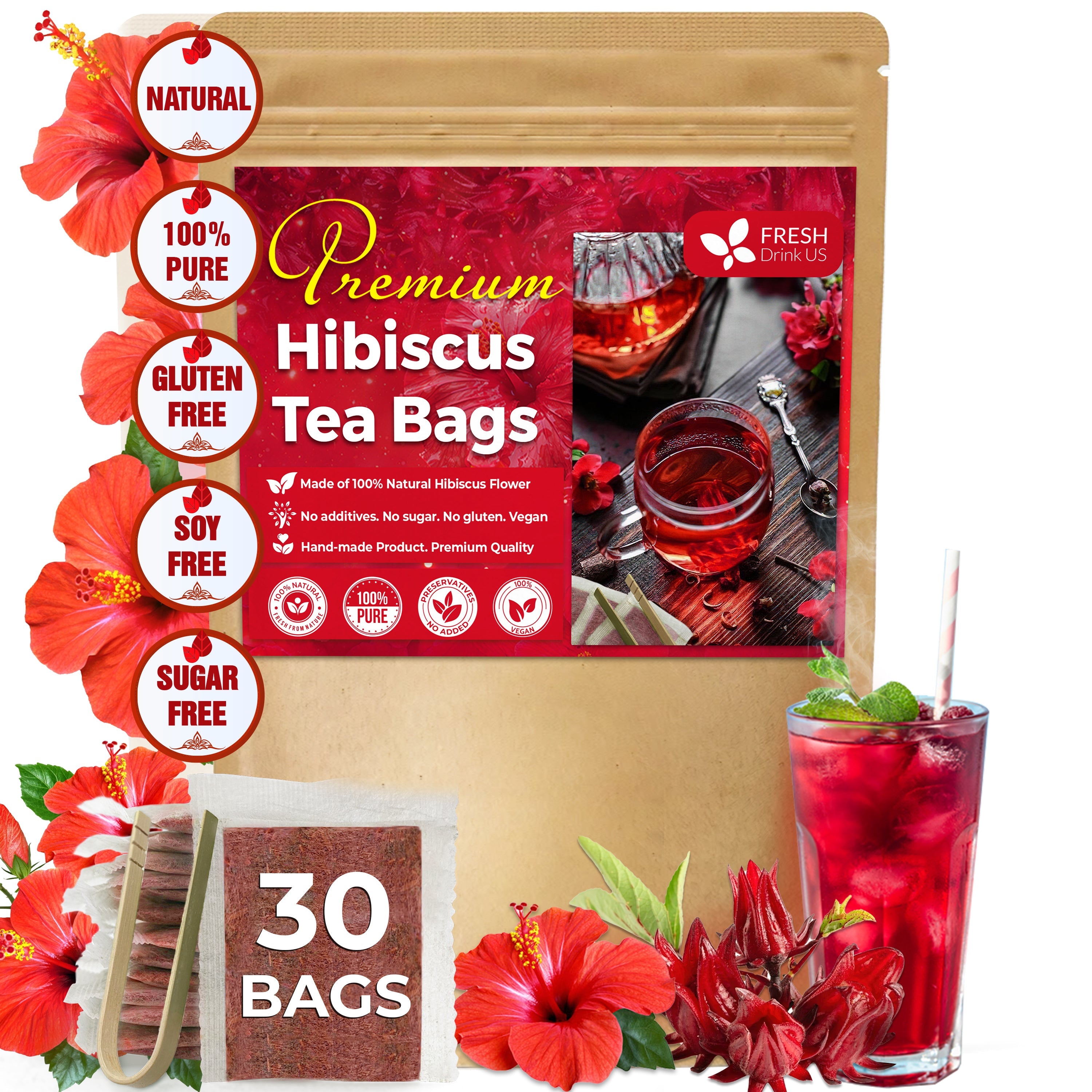 Hibiscus Dried Flowers, Tea Bags, 100% Natural, Pure from Hibiscus Flowers. Loose Flower Hibiscus Herbal Tea. Hibiscus Flower Tea. No Sugar, No Caffeine, No Gluten, Vegan. | Tea | Wiccan Center