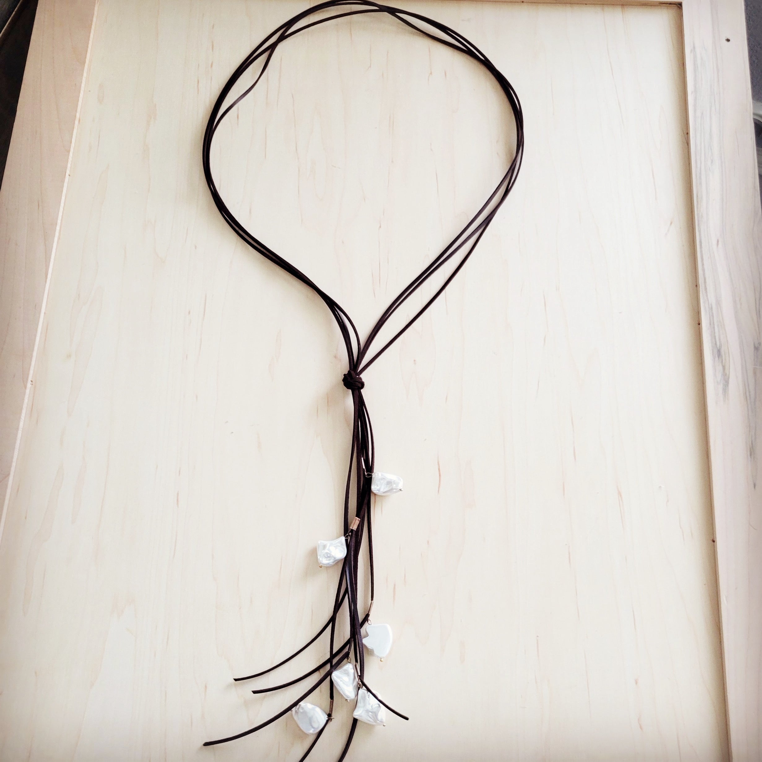 Dark Brown Boho Knotted Leather Cord Necklace w/ Pearls 263w | Necklace | Wiccan Center