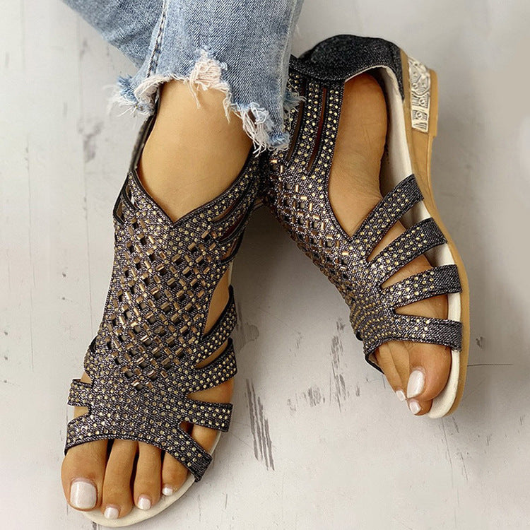 Flat Cutout Roman Rhinestone Sandals | null | Wiccan Center