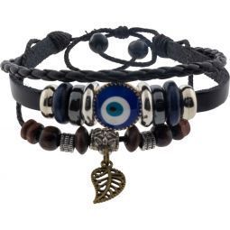 Leather Evil Eye Bracelet w/ Feather | Jewelry-Bracelet | Wiccan Center