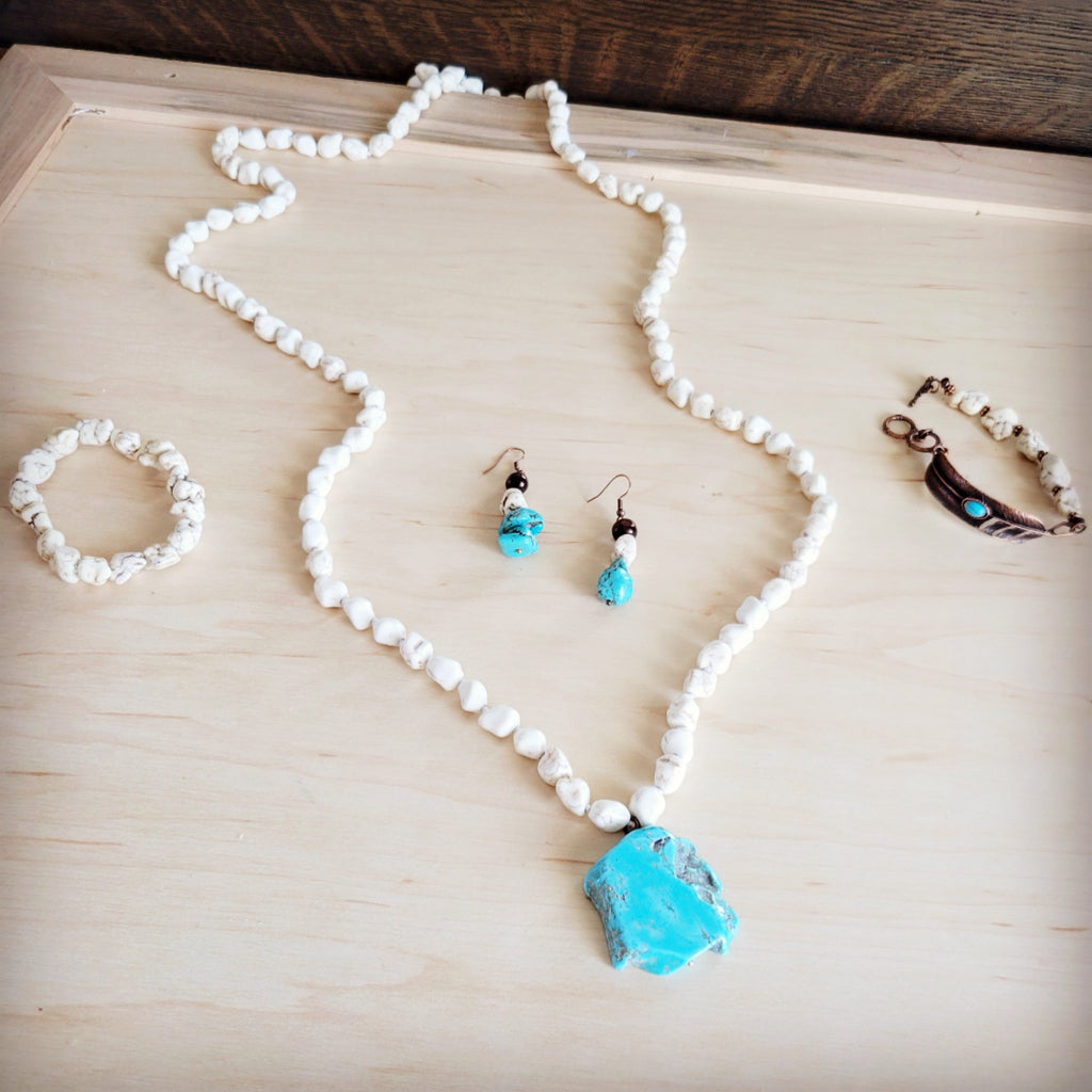 Long White Turquoise Beaded Necklace w/ Turquoise Pendant 263d | Necklace | Wiccan Center