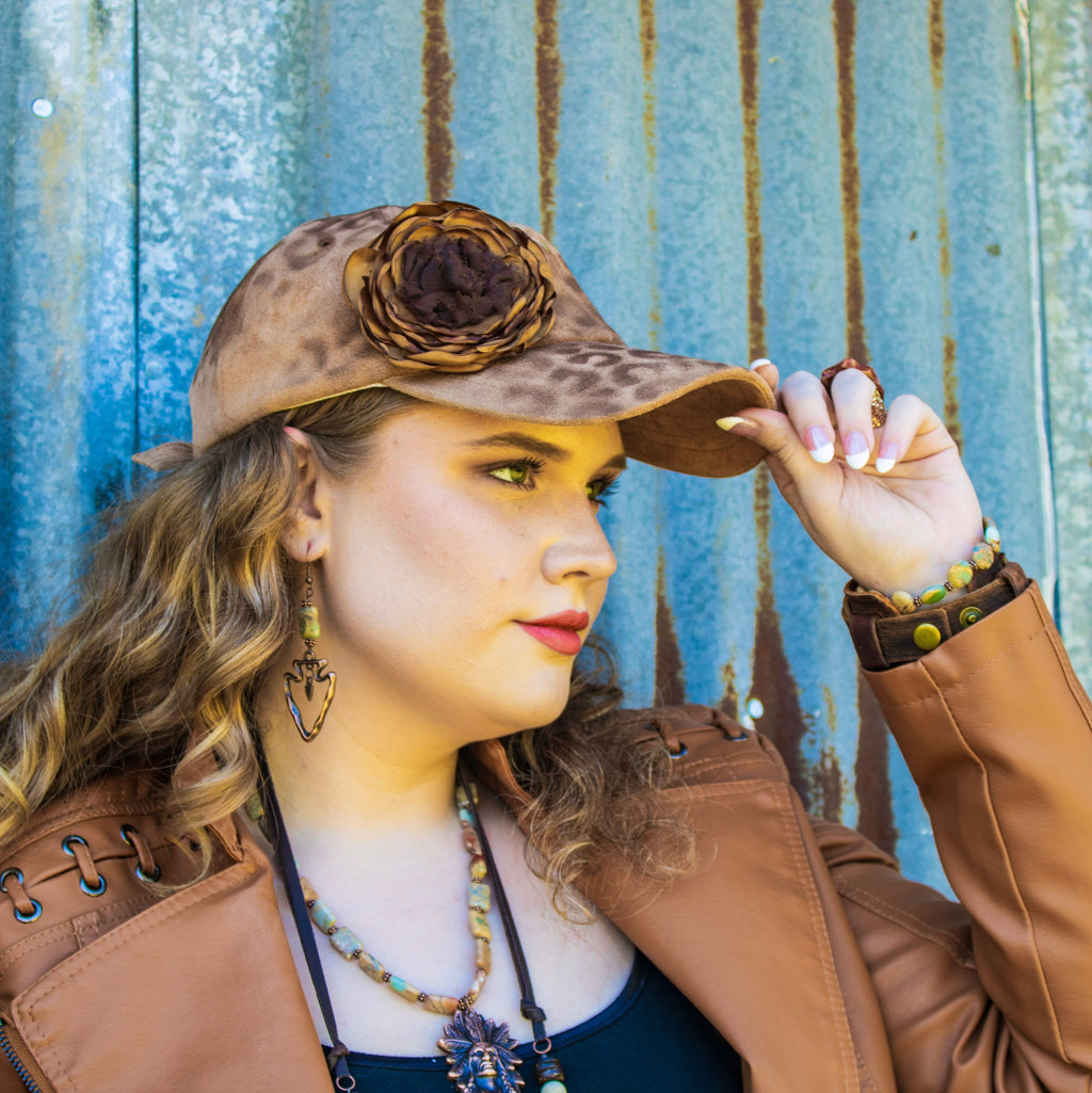 Hand-Painted Leopard Suede Baseball Cap w/ Flowers Tan 986L | Hat | Wiccan Center