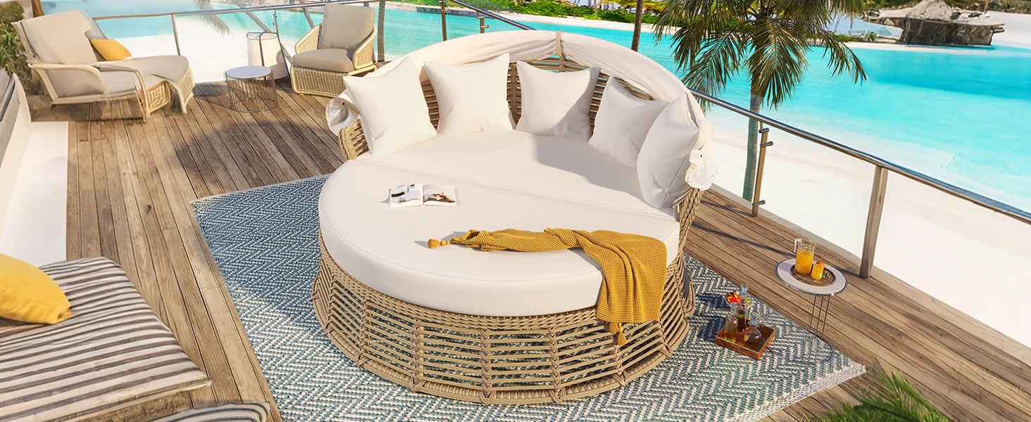 Outdoor Patio Rattan Round Daybed with Retractable Canopy, Wicker | Furniture | Wiccan Center