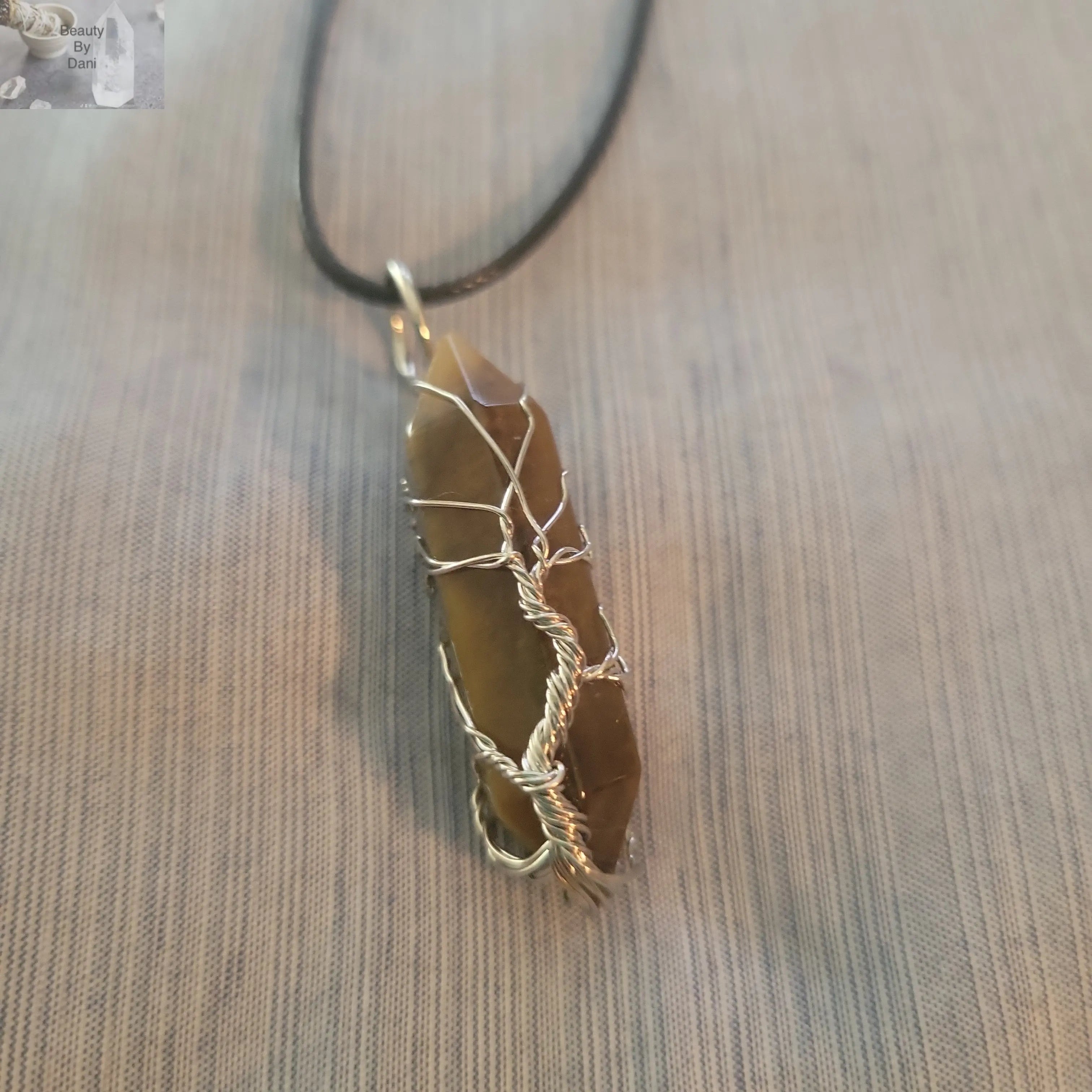 Tiger's Eye Tree Necklace with Stainless Steel and Leather Cord