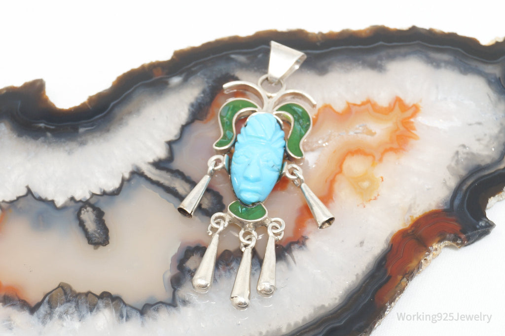 Vintage Taxco Mexican Carved Turquoise Sterling Silver Necklace Pendant | Jewelry > Necklaces | Wiccan Center