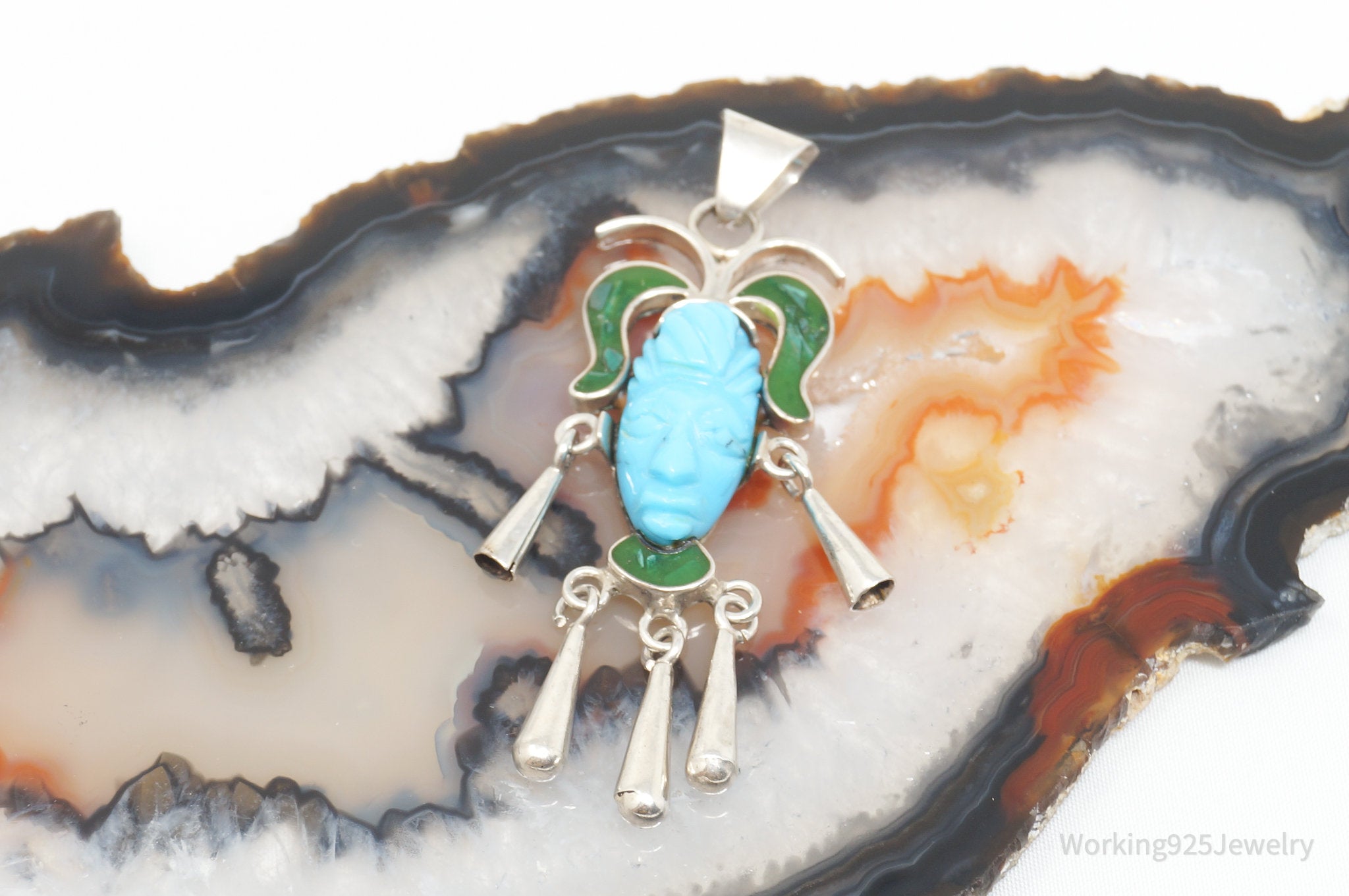 Vintage Taxco Mexican Carved Turquoise Sterling Silver Necklace Pendant | Jewelry > Necklaces | Wiccan Center