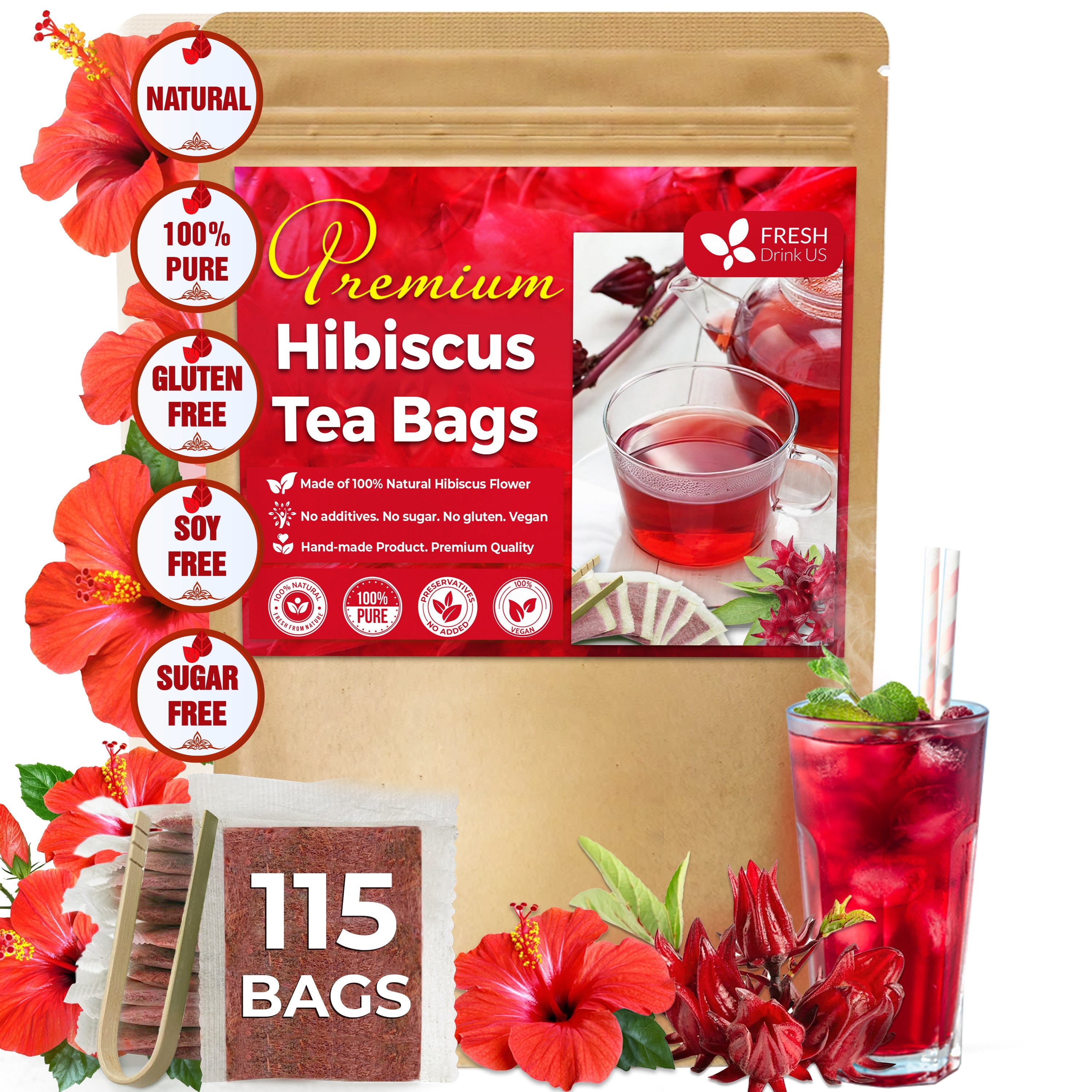 Hibiscus Dried Flowers, Tea Bags, 100% Natural, Pure from Hibiscus Flowers. Loose Flower Hibiscus Herbal Tea. Hibiscus Flower Tea. No Sugar, No Caffeine, No Gluten, Vegan. | Tea | Wiccan Center