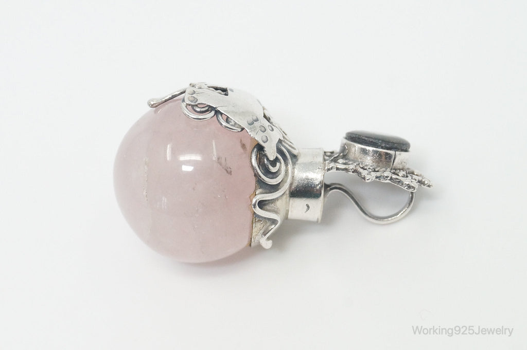 Vintage Rose Quartz Abalone Shell Bali Cat Sterling Silver Necklace Pendant | Jewelry > Necklaces > Pendants | Wiccan Center
