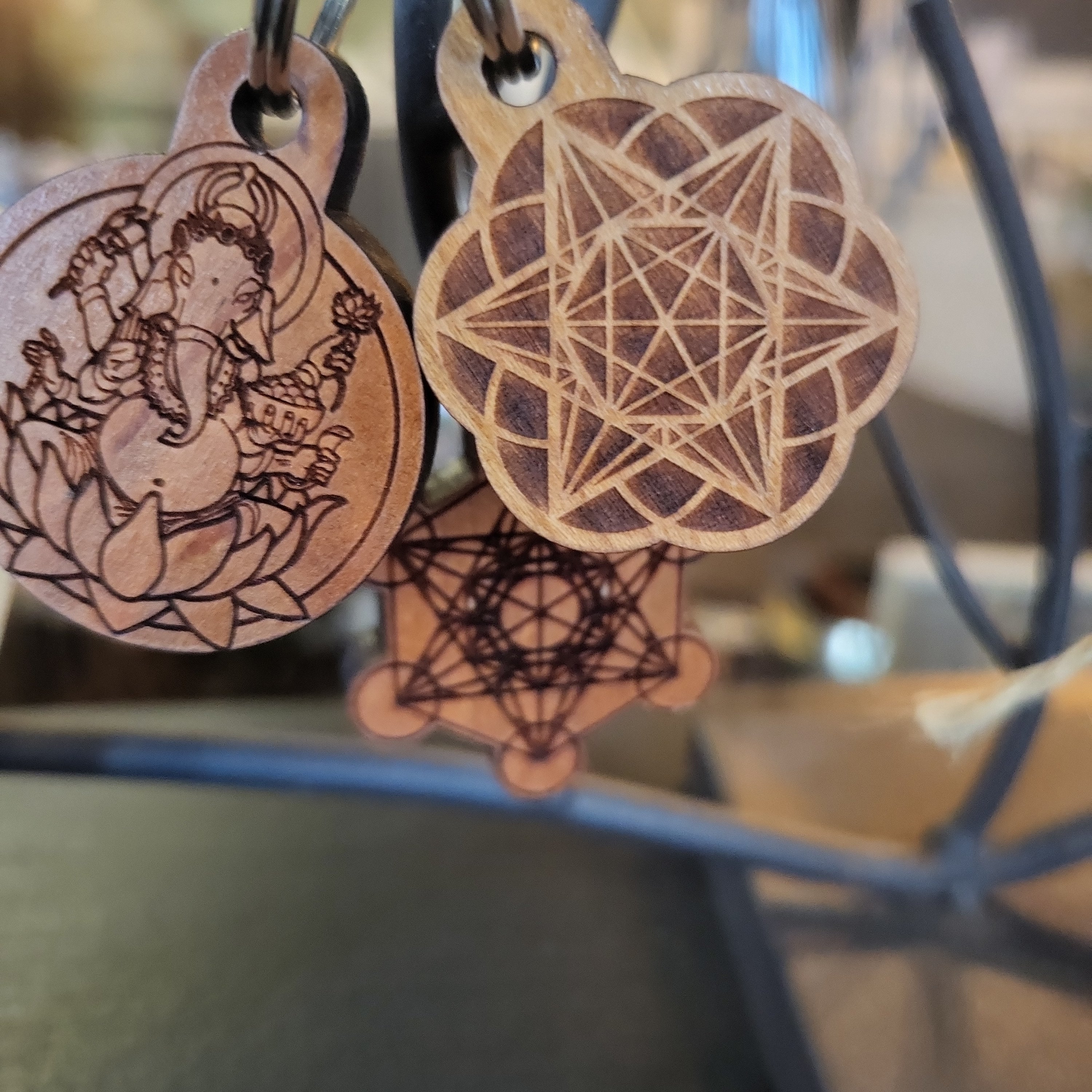 Sacred Geometry Carved Wood Keychains | | Wiccan Center