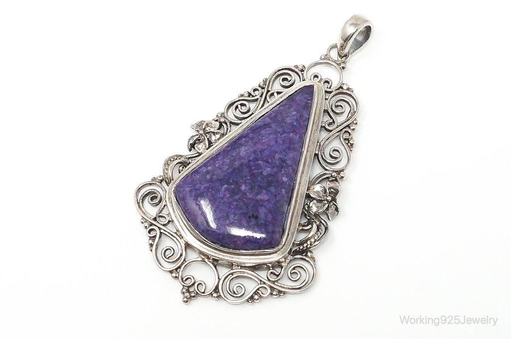 Vintage Purple Charoite Sterling Silver Floral Scroll Statement Necklace Pendant | Jewelry > Necklaces > Pendants | Wiccan Center