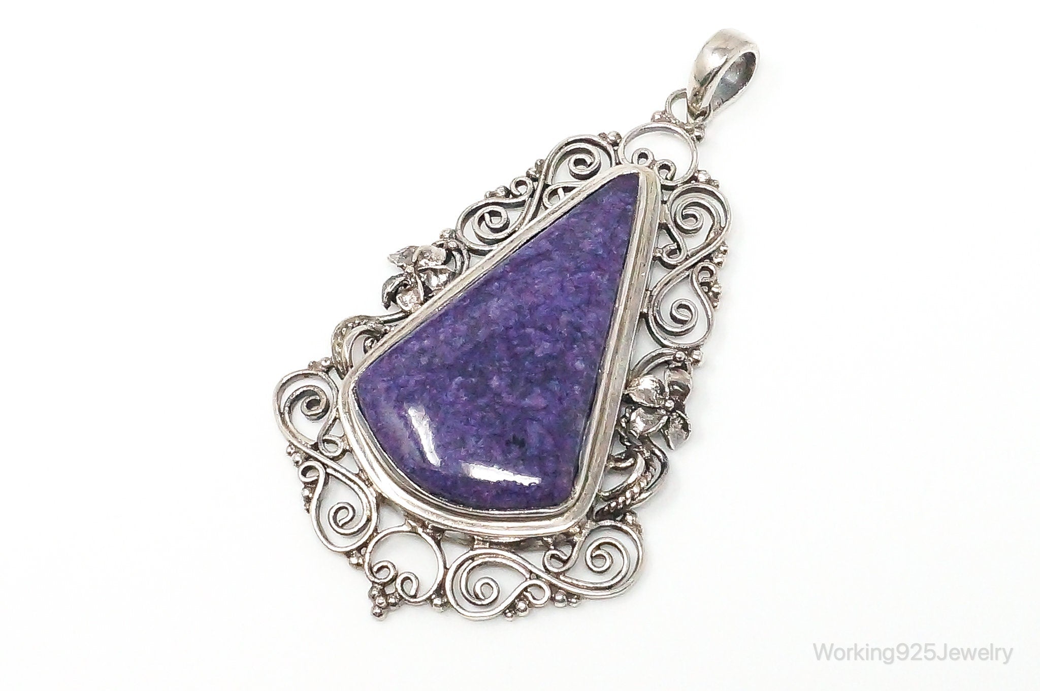Vintage Purple Charoite Sterling Silver Floral Scroll Statement Necklace Pendant | Jewelry > Necklaces > Pendants | Wiccan Center