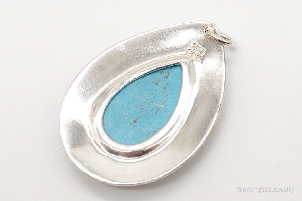 Vintage Large Turquoise Floral Etched Sterling Silver Necklace Pendant | Jewelry > Necklaces > Pendants | Wiccan Center