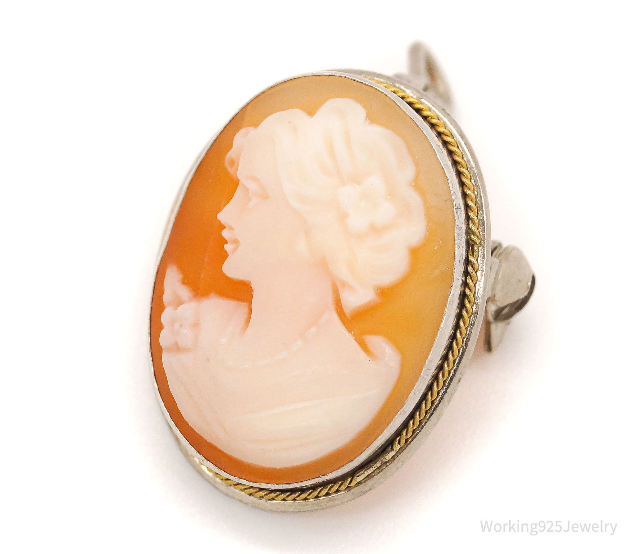 Antique Carved Shell Lady Cameo Brass Silver Pendant Pin | Jewelry > Necklaces > Pendants | Wiccan Center