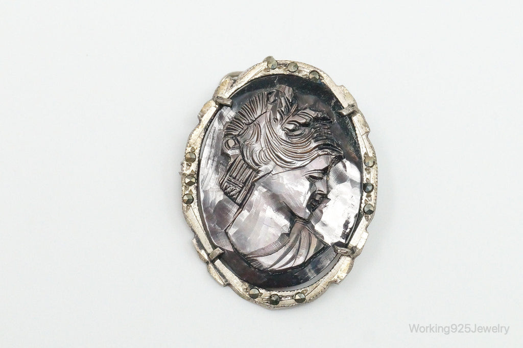 Antique Carved Abalone Shell Marcasite Woman Cameo 800 Silver Pendant Pin | Jewelry > Necklaces > Pendants | Wiccan Center