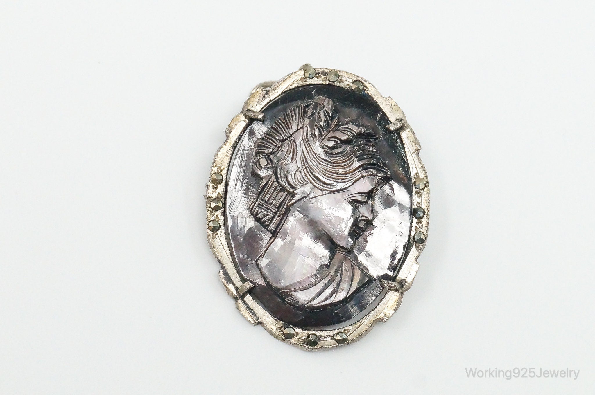 Antique Carved Abalone Shell Marcasite Woman Cameo 800 Silver Pendant Pin | Jewelry > Necklaces > Pendants | Wiccan Center