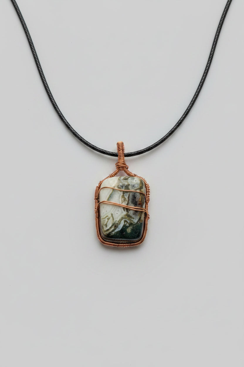 Wire Wrapped Moss Agate Pendant Necklace