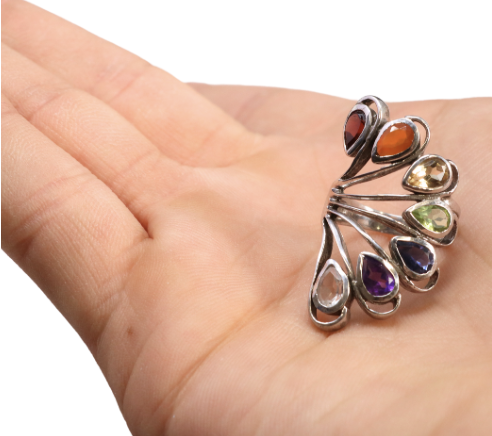 7 Chakra Ring - Faceted Pears With Silver Bezels On Silver Wire Flower & Cutout Band Top Sz6 | Gemstone Jewelry > Rings | Wiccan Center