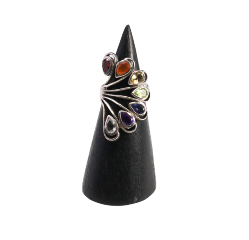 7 Chakra Ring - Faceted Pears With Silver Bezels On Silver Wire Flower & Cutout Band Top Sz6 | Gemstone Jewelry > Rings | Wiccan Center