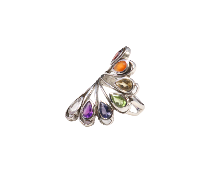 7 Chakra Ring - Faceted Pears With Silver Bezels On Silver Wire Flower & Cutout Band Top Sz6 | Gemstone Jewelry > Rings | Wiccan Center