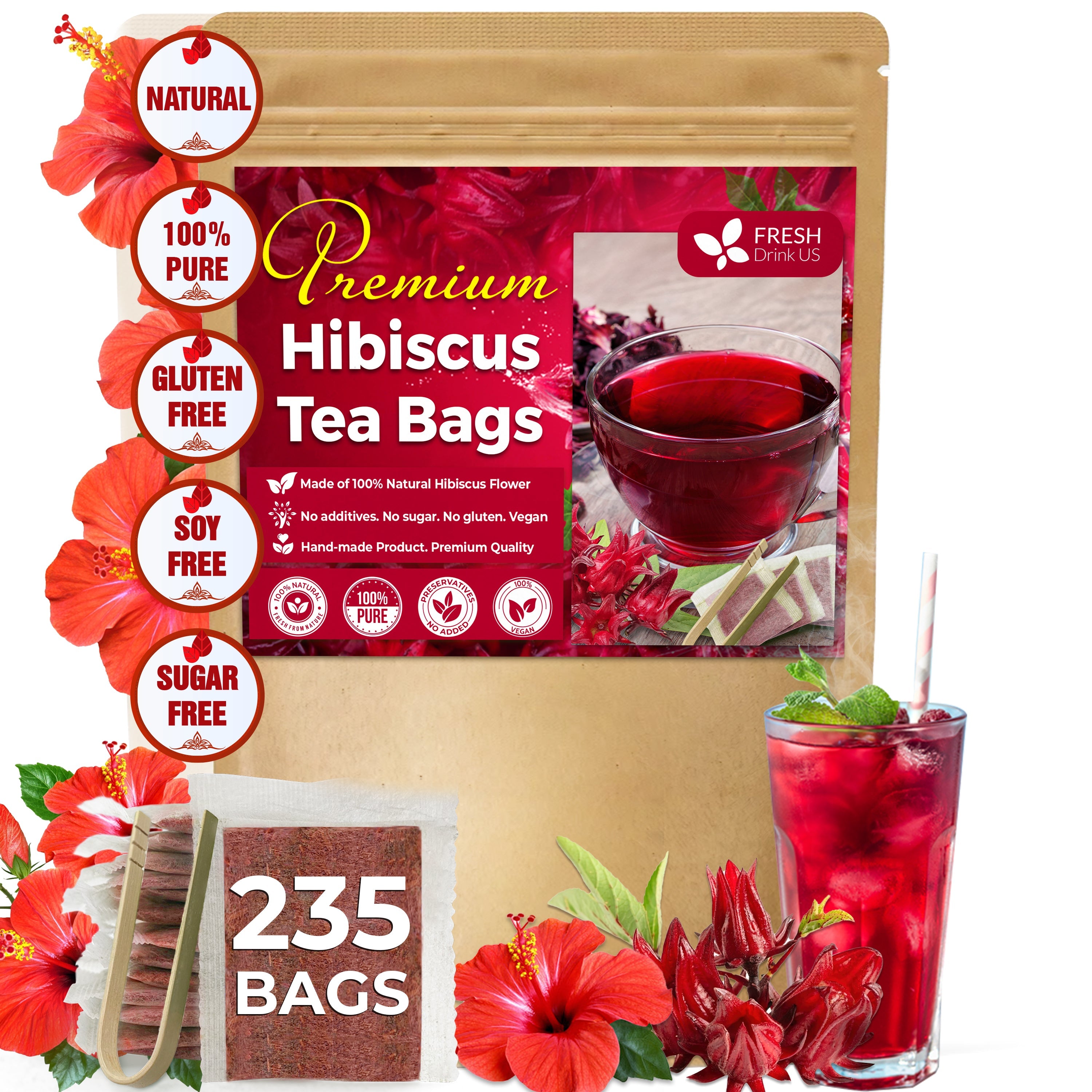 Hibiscus Dried Flowers, Tea Bags, 100% Natural, Pure from Hibiscus Flowers. Loose Flower Hibiscus Herbal Tea. Hibiscus Flower Tea. No Sugar, No Caffeine, No Gluten, Vegan. | Tea | Wiccan Center