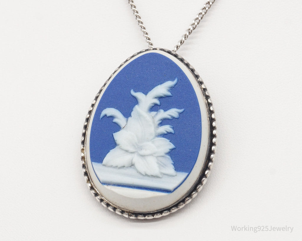 Vintage Carved Blue Agate Flower Sterling Silver Necklace 23" | Jewelry > Necklaces > Pendants | Wiccan Center