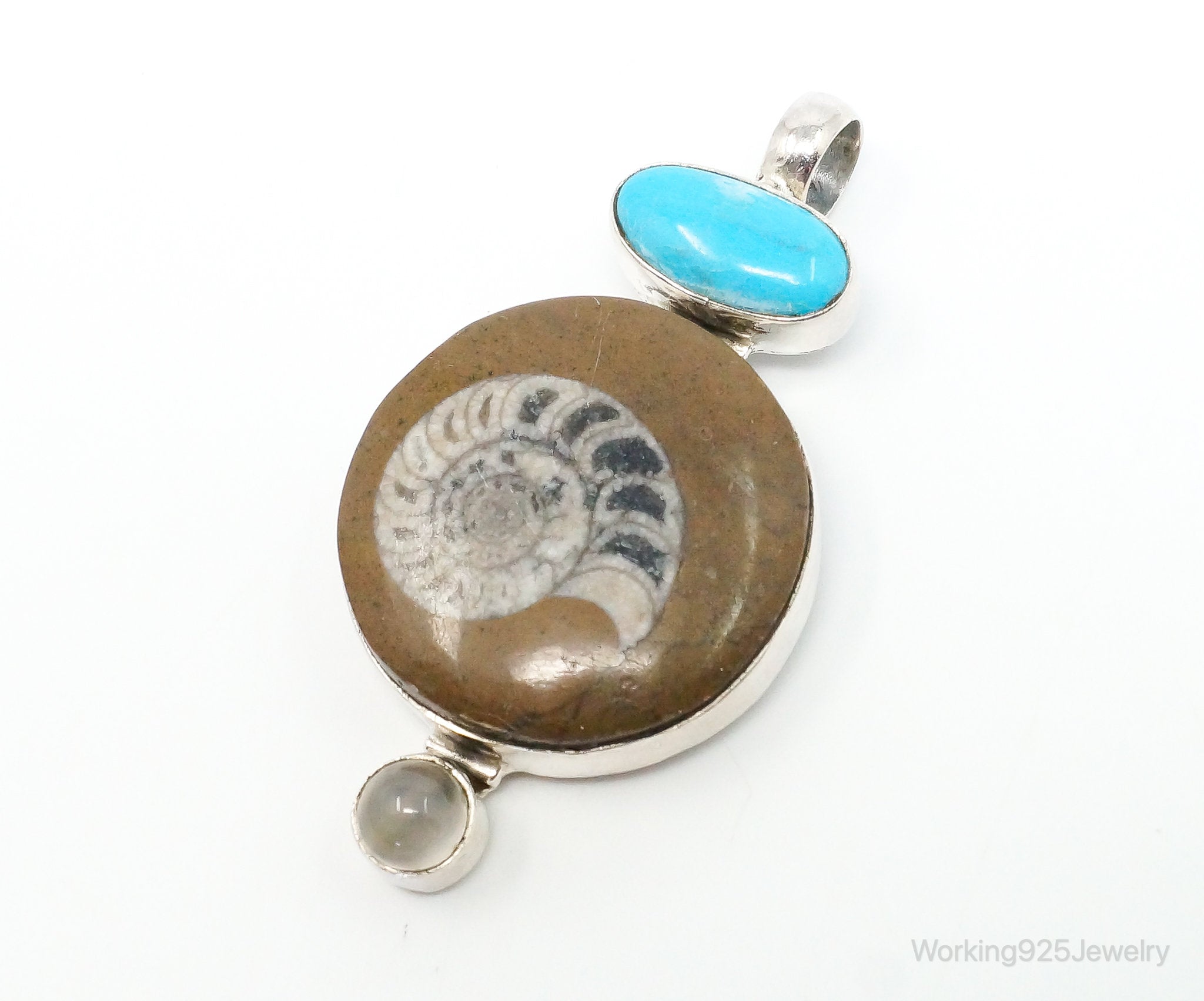 Vintage Large Fossil Shell Turquoise Gray Moonstone Sterling Silver Pendant | Jewelry > Necklaces > Pendants | Wiccan Center