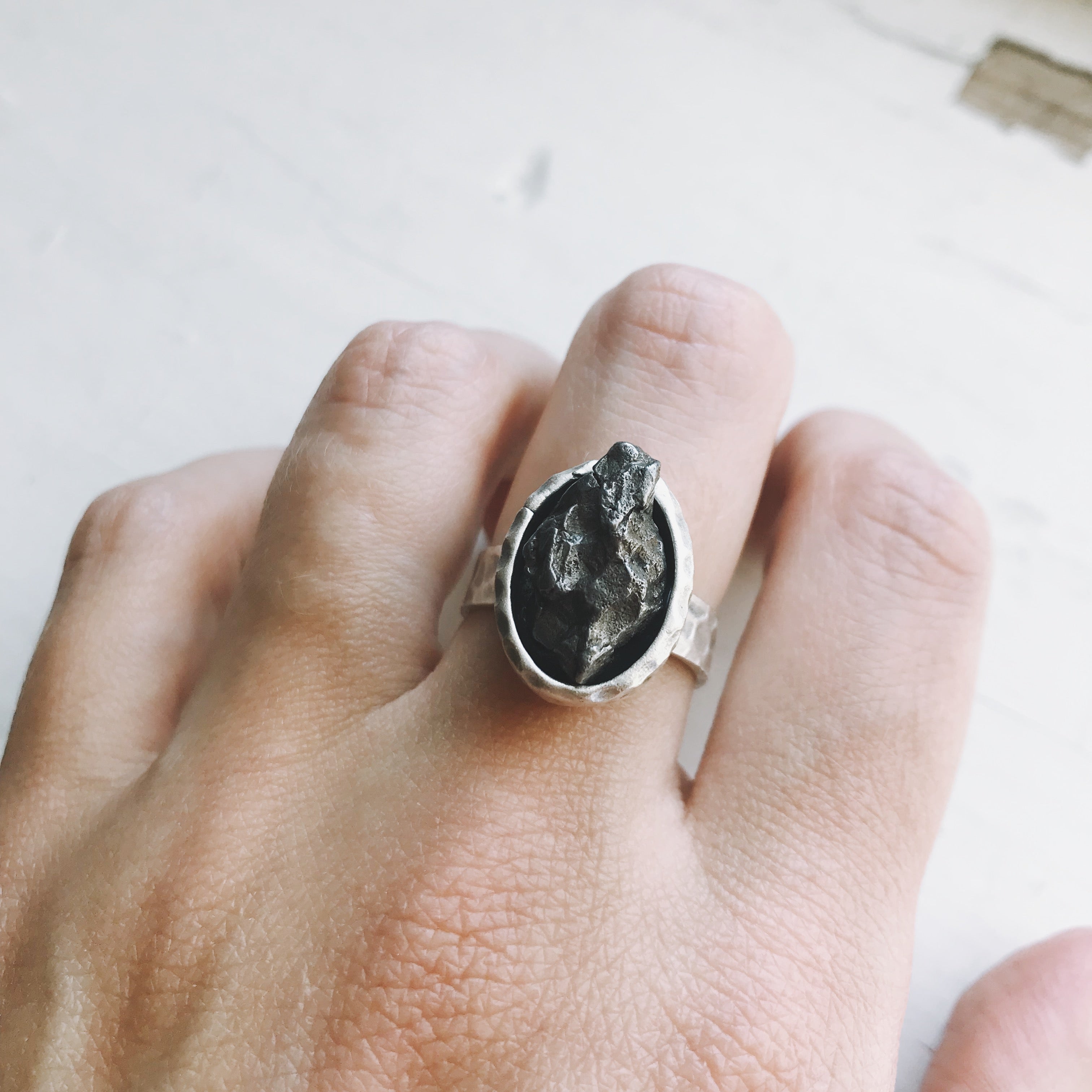 Oval Raw Meteorite Ring in Silver | Ring | Wiccan Center