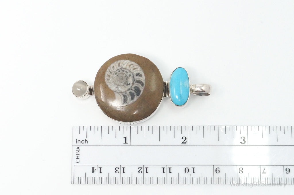 Vintage Large Fossil Shell Turquoise Gray Moonstone Sterling Silver Pendant | Jewelry > Necklaces > Pendants | Wiccan Center