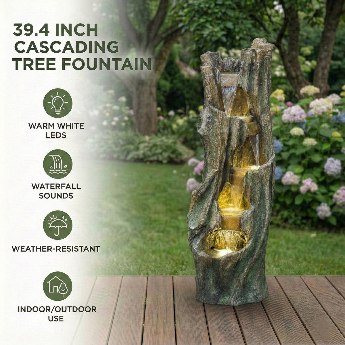 Resin Tree Trunk Outdoor Fountain 39 Inch with LED