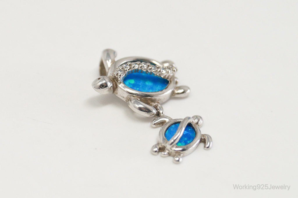 Vintage Blue Fire Opal Cubic Zirconia Sea Turtles Sterling Silver Pendant | Jewelry > Necklaces > Pendants | Wiccan Center
